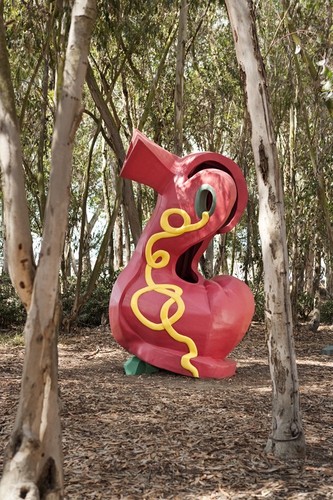 Red Shoe: view of shoe in eucalyptus grove