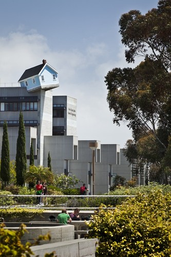 Fallen Star: distant view from the west of cantilevered house, seven stories off the ground