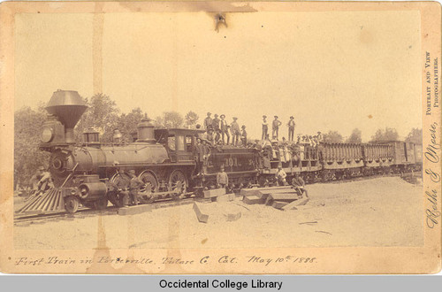 First train in Porterville, Tulare Co. Cal. May 10th, 1888