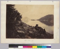Fort Wrangle [i.e. Fort Wrangell, Alaska, with native Alaskan group on shore.]