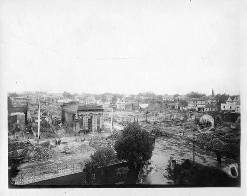 High-angle view from the Courthouse of earthquake-damaged downtown Santa Rosa