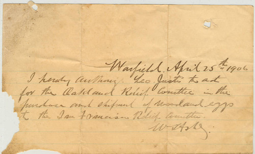 Correspondence, 25 April 1906, from Oakland Relief Committee member