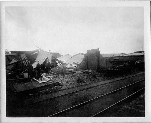 Flattened buildings along the railway