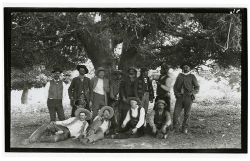 Group portrait of men under a tree, Rancho Santa Anita