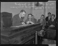 Wilfred Simpson, son of victim, and coroner Frank Monfort testify at inquest, Los Angeles, 1935