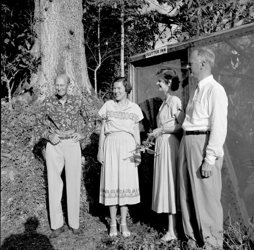 William Beebe/Henry Fleming Trinidad #2, 1956. R1-C4 Mrs. Geaunee, Jocylen Crane, Wm Beebe in front of Butterfly house Simila Trinidad