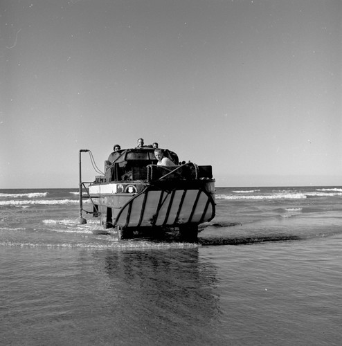 Converted DUKW used for aqualung dives for an offshore sand ripple study.---just outside surf line at La Jolla Shores, head of Scripps canyon, California