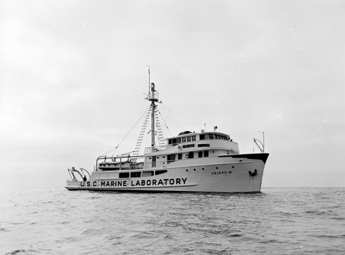 Velero IV: Dredging and coring operations off Catalina, California by the Hancock Foundation, USC. Allan Hancock with the Captain's Hat