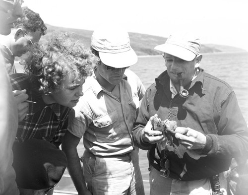 Marine biologist and Director of the Pacific Marine Station at Dillons Beach, California, Joel Walker Hedgpeth (right) with some of his students reviewing some marine specimens at Tomales Bay, a coastal estuary located on the central California coast north of San Francisco. Circa 1950