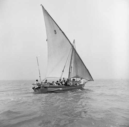 Dhowes (sailing freighters) Karachi, Pakistan. Outboards used to balance vessel when underway. Shot during FAO assignment