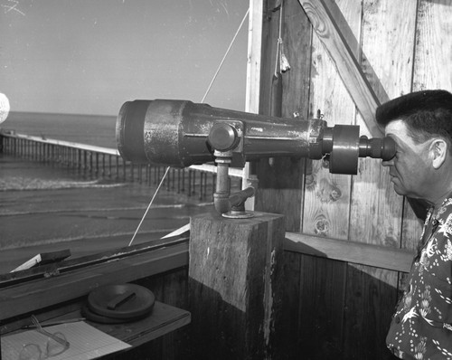 Carl L. (Carl Leavitt) Hubbs whale watching through military binoculars at Scripps Institution of Oceanography. Circa 1950