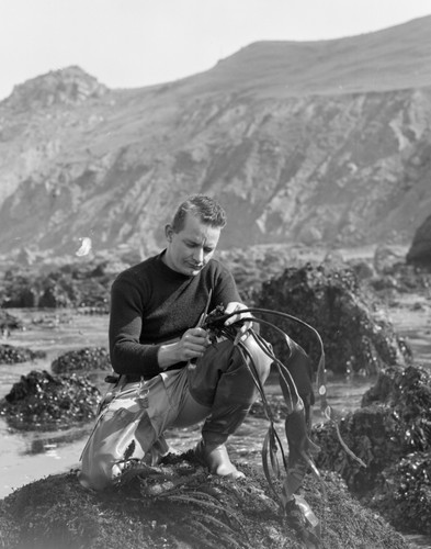 Robert Menzies of the College of the Pacific Mar Station in a Laminaua Zone (low tide) collecting Isopods, at Dillons Beach, Sonoma County, California. Unknwon date