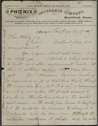 Letter : San Diego, Calif., to Thos. Whaley, 1867 Aug. 19