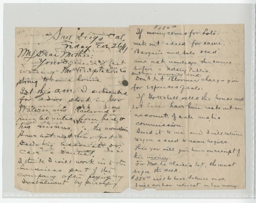 [Letters from R. E. Bush in San Diego to his mother, C. F. Young], 1887