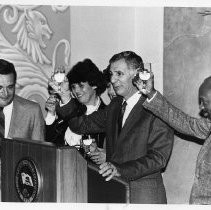 From left to right: David Roberti, (Senate President Pro Tem), June Roberti (wife of David), George Deukmejian (Governor), his wife Gloria partially hidden, and Willie Brown (Speaker of Assembly) offering a toast to the passing of recent legislation