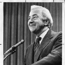 Senator Eugene McCarthy, smiling as he gives a speech