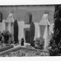 Close-up view of the gardens at Mission Santa Ines, California State Landmark #305 in Santa Barbara County