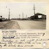 Del Paso Blvd. Looking South. Jan. 14, 1940. 'Cooks' Cat & Dog Hospital on the left. Globe St., left... South City Limits