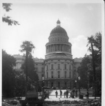 Exterior view of California State Capitol showing the east side entrance. View shows road work on the street in front of the capitol underway