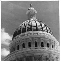 Close-up view of the California State Capitol building dome and pediments