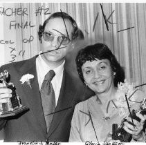 Gloria Jackson, Teacher of the Year in 1979, a librarian and media specialist representing Sacramento City USD. Fellow winner Franklin J. Meder is next to her