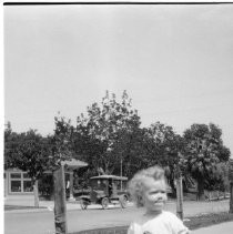 Girl child in front of newly planted trees