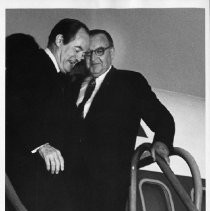 Hubert Humphrey, longtime U.S. Senator from Minnesota, 38th Vice President (under LBJ, 1965-1969), Democratic nominee for President, 1968. He is shown leaving his airplane in Sacramento, with Former Governor Edmund G. (Pat) Brown