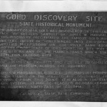 View of the sign for Gold Discovery Site, at Coloma in Placer County, California State Landmark #530 Placer County