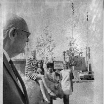 View of the dedication of the Golden Bears at the new California State Fair, called Cal Expo in 1968. Howard Jackson is on the left and Frank S. Christy spoke. View is of the main entrance at Cal Expo