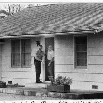 Robert Hohman, father of Sgt. Don Hohman, talks with Yolo Sheriff's Sgt. Gus Paul at his front door after Hohman refused to see media this morning. Sgt. Hohman, an army Medic, was from West Sacramento. (End of Iranian Hostage Crisis.)