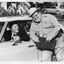 Governor Ronald Reagan films a PSA for the Office of Traffic Safety with Joe Higgins, veteran Hollywood character actor