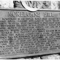 View of the historic marker for Mokelumne Hill in Calaveras County placed by the Native Daughters of the Golden West in 1937