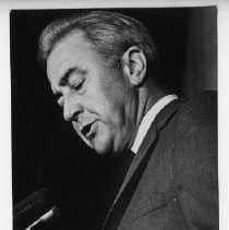 Presidential candidate Eugene McCarthy speaks, looking thoughtful, in Sacramento