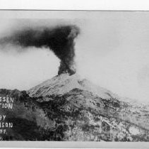 Black and white photo postcard showing the eruption of Mt. Lassen