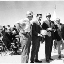 View of people gathered at the dedication of the A. D. Edmonston Pumping Plant. It is a pumping station near the south end of the California Aqueduct. It lifts water 1,926 feet to cross the Tehachapi Mountains