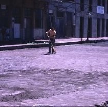 Old Sacramento historic district. View of cobblestones being added to the streets in the district