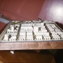 View of the model for the core area of redevelopment in Sacramento. This view is an aerial and shows where the freeway would be positioned