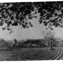 Photograph of plowed field with San Juan Bautista in background