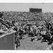 Dr. Martin Luther King, Jr. Here, he addresses a crowd of about 6000 in the Sacramento State College stadium