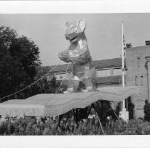 View of a float with a replica of a bear cub at the California State Fair in 1953