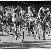 UC Davis students ride and park bicycles on campus