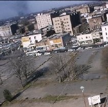 Aerial view of the future site for the Hotel Block from the Federal Building roof, showing the Fruit Building on the right side