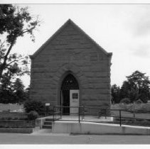 Exterior view of the Sacramento City Cemetery Mortuary Chapel and Archives Office on the grounds of the cemetery