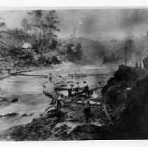 Photograph of drawing of gold miners on a river