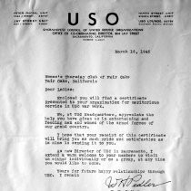 Letter from USO congratulating The Woman's Thursday Club of Fair Oaks in War effort