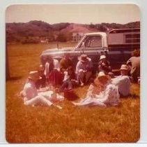 Photographs of landscape of Bolinas Bay. Unidentified people having a picnic at dig site