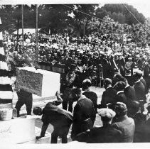 Exterior view of the cornerstone laying ceremony for State Building 1 of the state capitol extension project in 1923