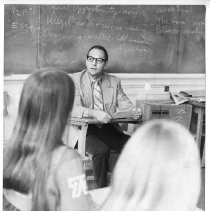 Candidate Peter A. Franchi talks with students in a junior history class at C. K. McClatchy High School