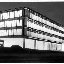 Sacramento Municipal Utility District building lighted at night