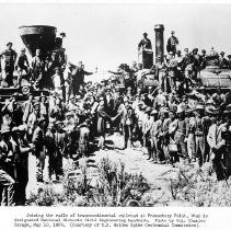 "Joining the rails of Transcontinental railroad at Promontory Point, Utah"